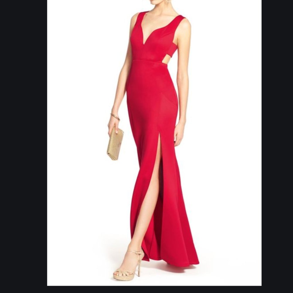 Red Floor Length Side Cutout Gown with Leg Slit